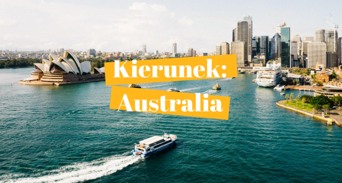 Na obrazku widać napis "Kierunek: Australia" na tle panoramy Sydney.