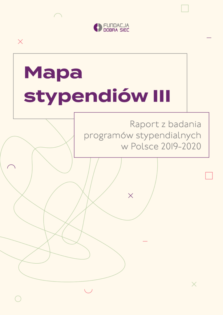 Okładka raportu. Na abstrakcyjnym tle znajduje się napis "Mapastypendiów III. Raport z badania programów stypendialnych w Polsce 2019-2020"