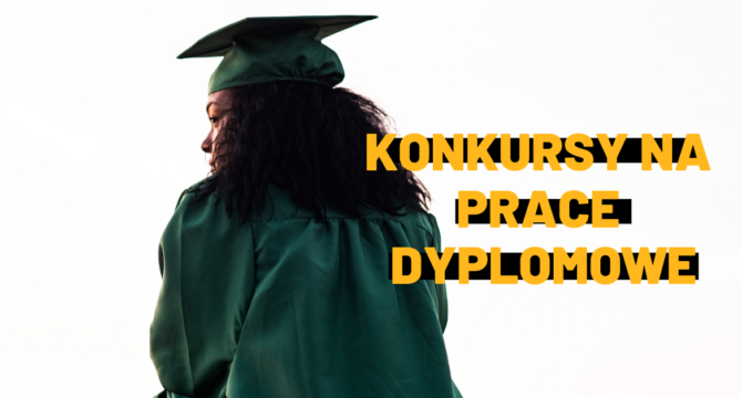 Ilustracja z dziewczyną w birecie na głowie. Napis na ilustracji "Konkursy na prace dyplomowe"