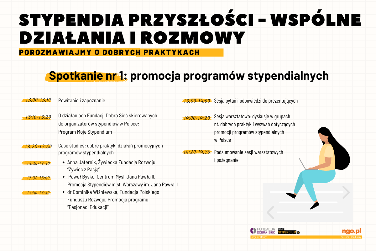Grafika prezentuje program spotkania "Stypendia przyszłości" w formie postu na media społecznościowe