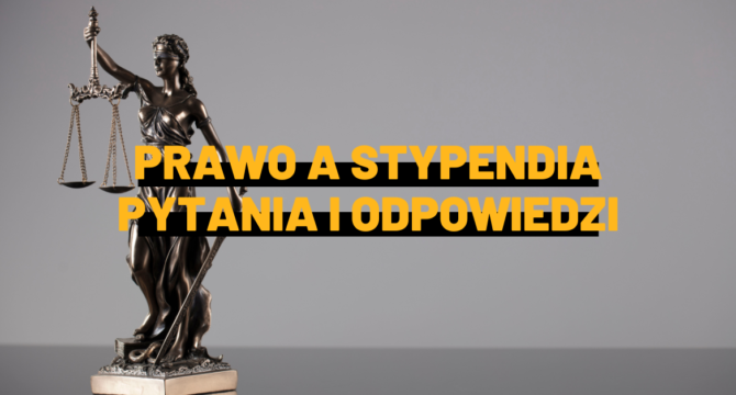 Prawo a stypendia = baner z posągiem Temidy w tle