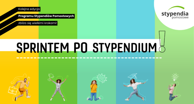 Stypendia Pomostowe - most do lepszej przyszłości. Grafika w kolorowe paski ze studentami i napisem sprintem po stypendium.