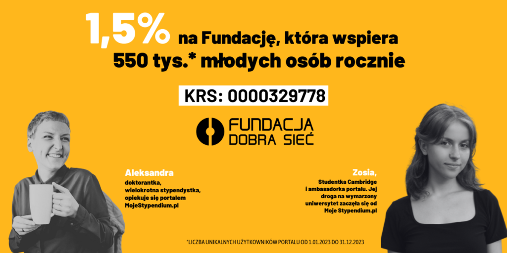 Baner z hasłem 1,5% na Fundację, ktora wspiera 550 tys. młodych osób rocznie. Na żółtym tle dwie postacie stypendystek.