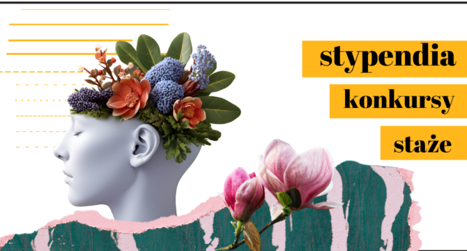 Grafika z głową i kwiatami ilustrująca artykuł nowe informacje o dostępnych stypendiach i konkursach 2